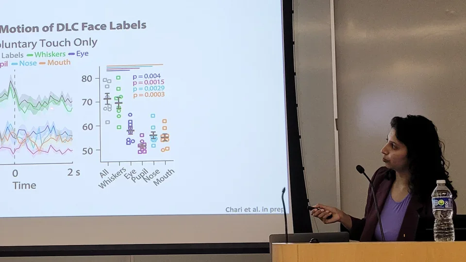 Trish Chari standing at podium in front of screen doing thesis defense.