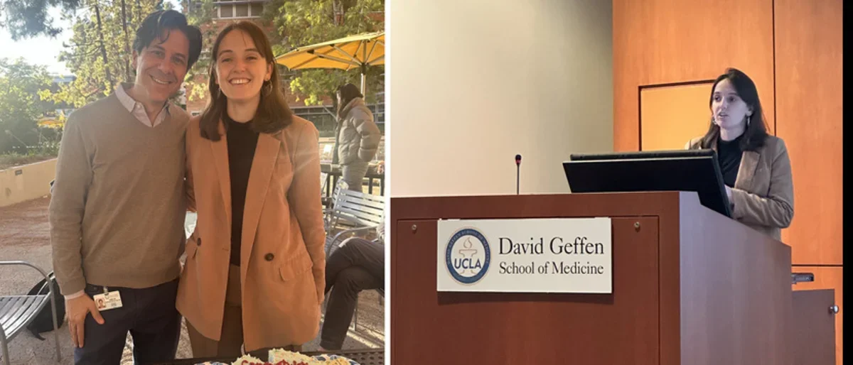 Zoe presenting at podium, and then standing with Carlos.