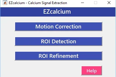 A screenshot of the EZcalcium software interface titled "EZcalcium - Calcium Signal Extraction."